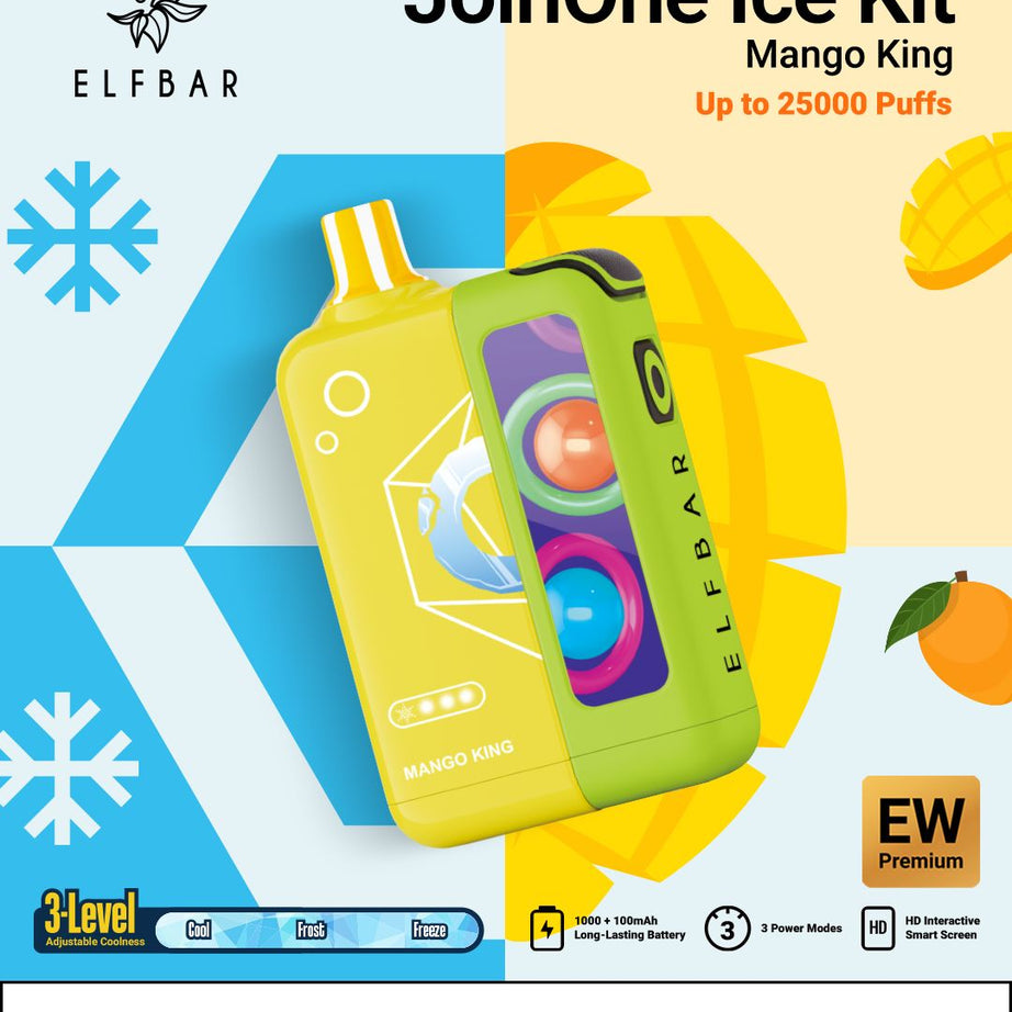 Elf Bar JoinOne Ice Kit packaging with yellow and green devices on a colorful background.