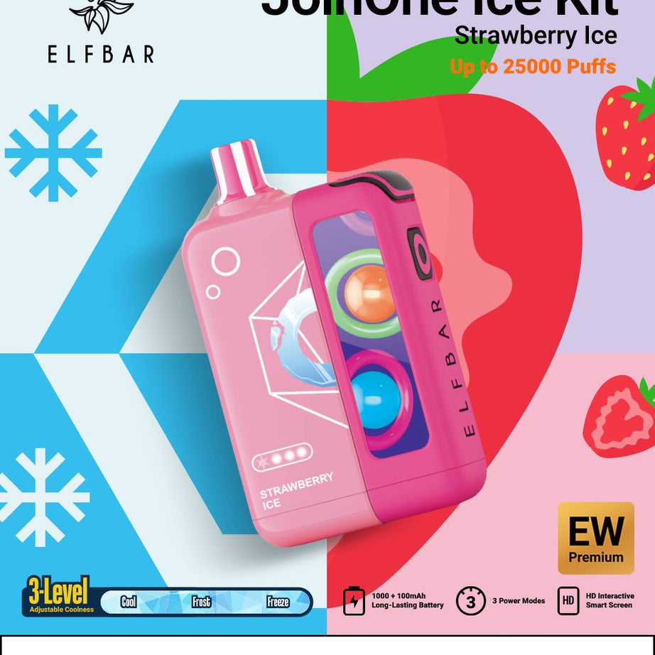 Elf Bar Strawberry Ice vape kit packaging with colorful design and product images.