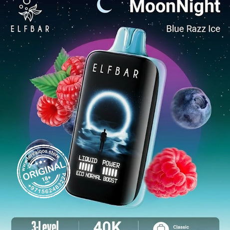 Elfbar MoonNight vape device with blue razz ice flavor on a space-themed background