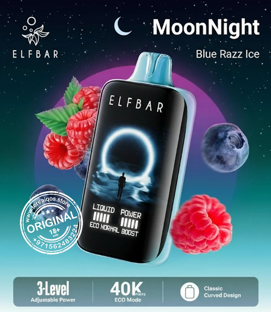Elfbar MoonNight vape device with blue razz ice flavor on a space-themed background