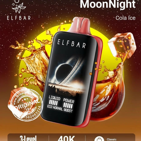Elfbar MoonNight Cola Ice vape device with cola-themed graphics and branding.