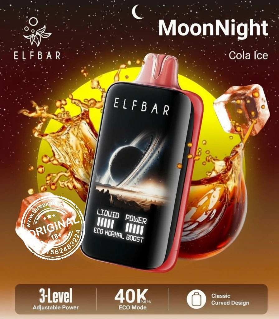 Elfbar MoonNight Cola Ice vape device with cola-themed graphics and branding.