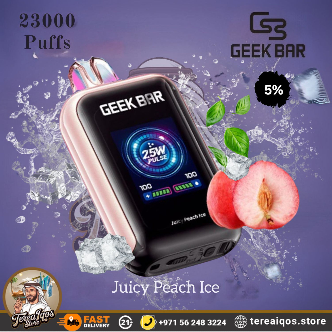 Geek Bar vape device with 'Juicy Peach Ice' flavor 