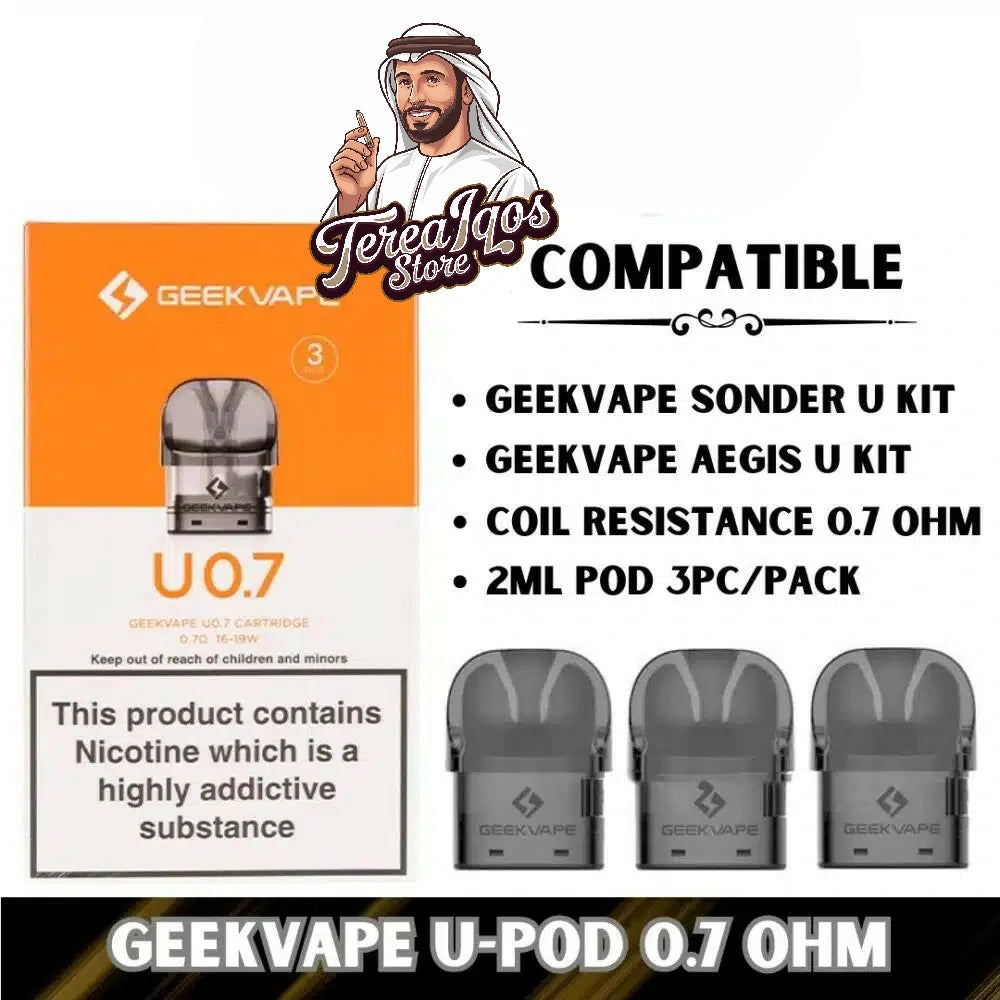 Geekvape U-POD 0.7 Ohm packaging with product details and compatibility information.