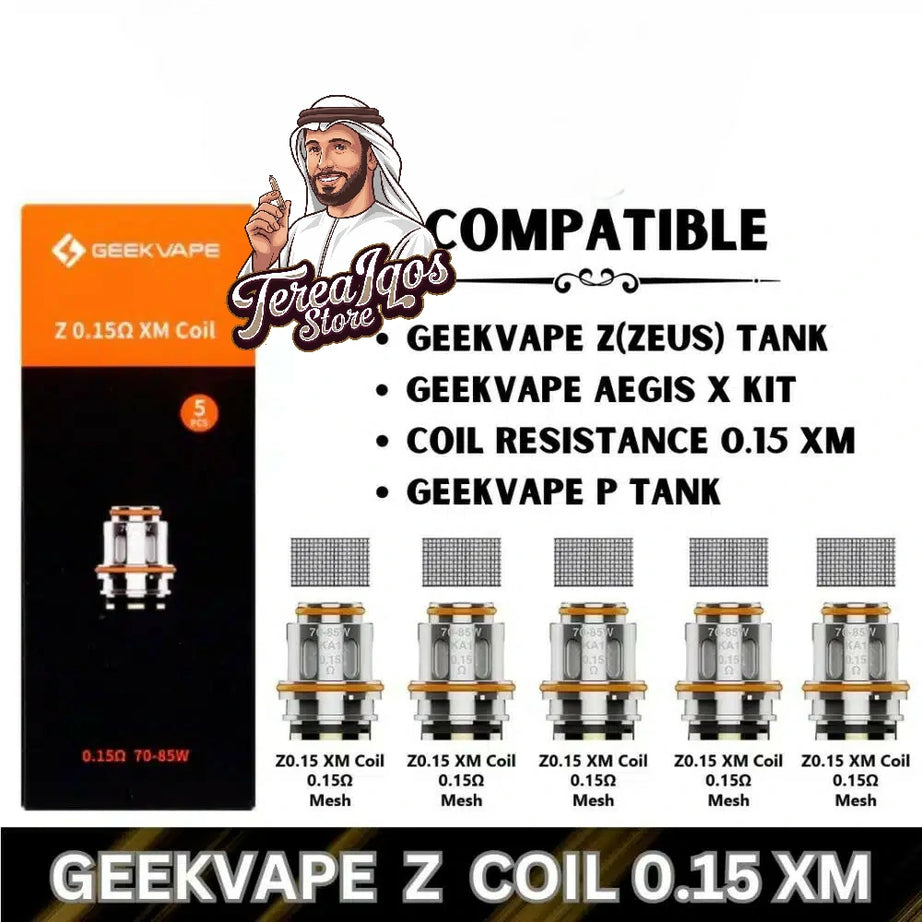 GeekVape-Z-Series-Coils-0.15-XM-ohm with compatibility details and coils displayed.