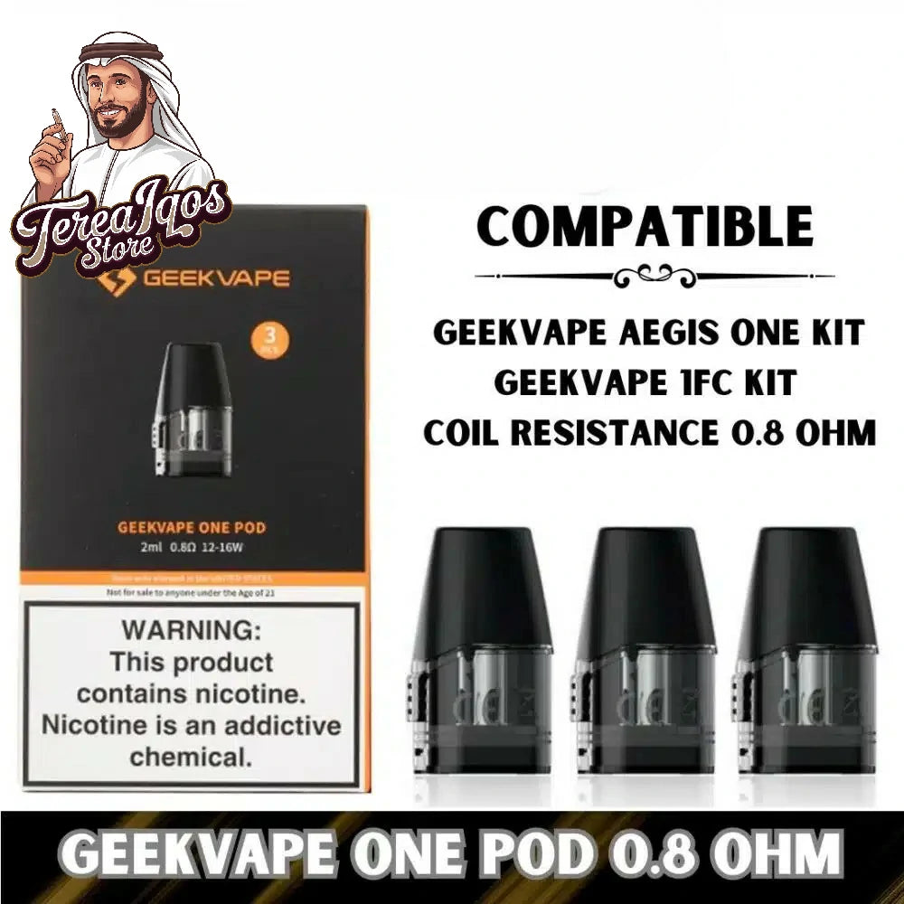 GeekVape One Replacement Pod Cartridge 0.8 ohm with warning label .