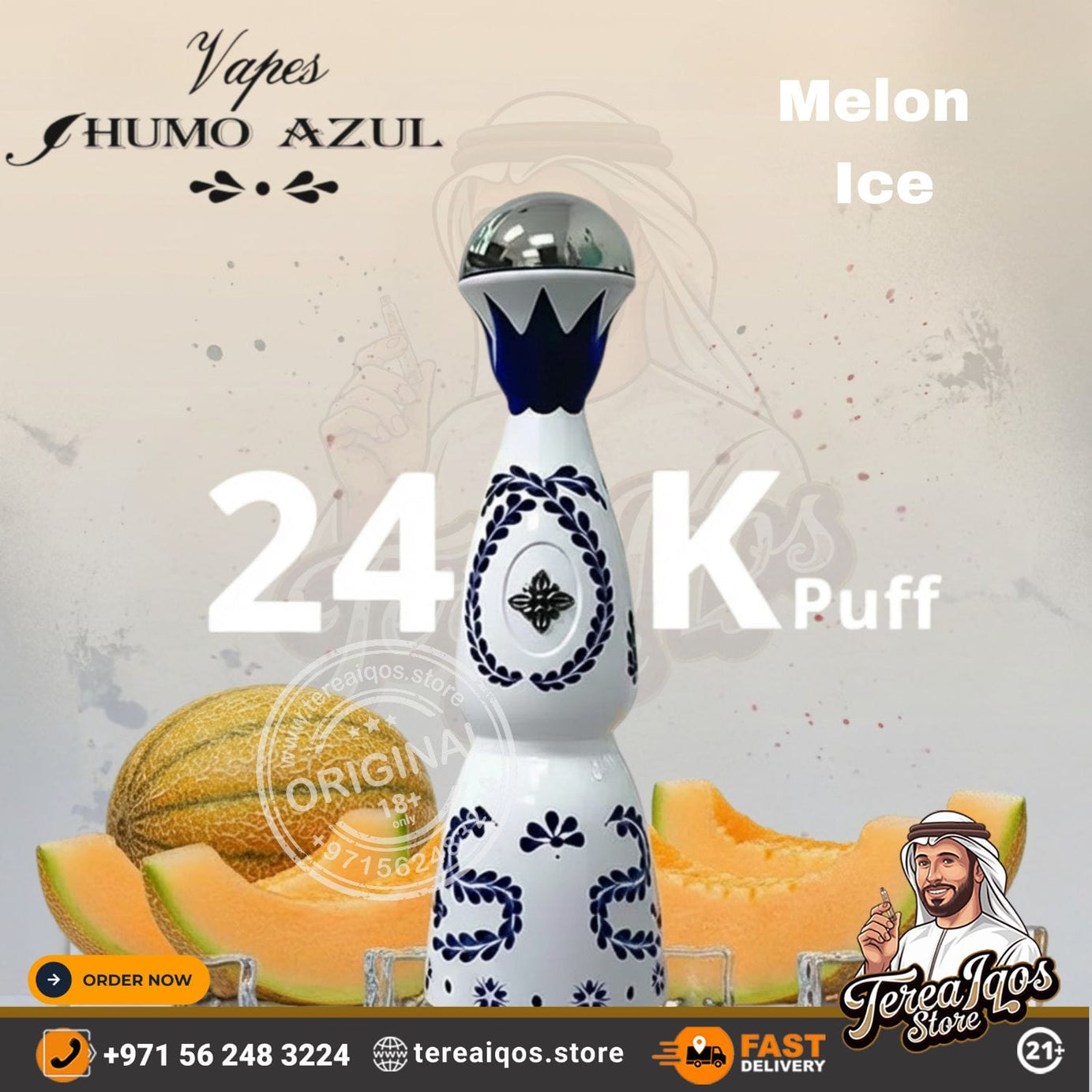 HUMO AZUL 24000 Puff Rechargeable Disposable Vape device with decorative design, melon graphics, and branding elements on a light background