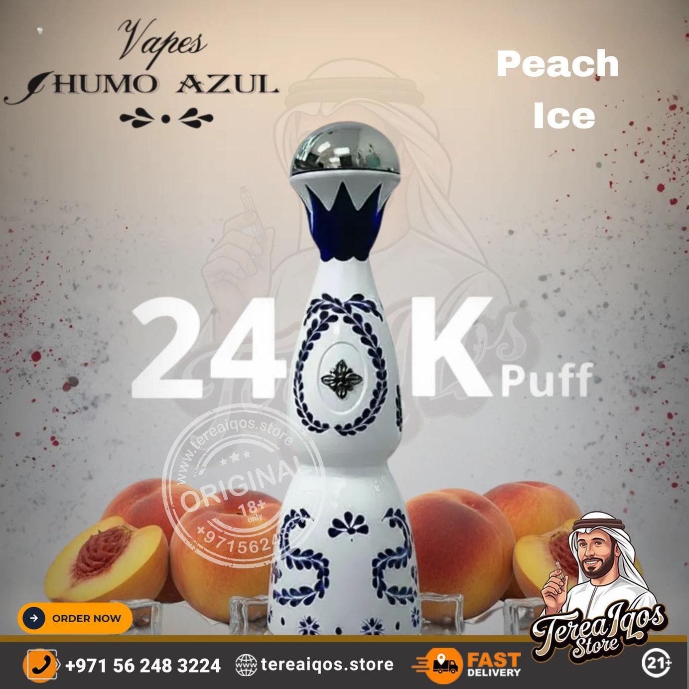 Decorative vape device with 'HUMO AZUL' branding and peach ice flavor text, surrounded by peaches.
