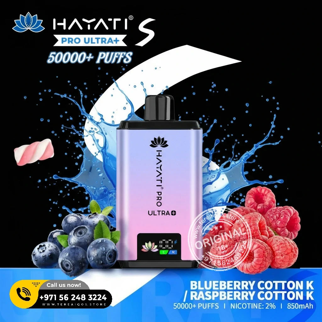Hayati Pro Ultra+ S 50000 Puffs Disposable Vape Blueberry Cotton k or Raspberry Cotton K Flavor