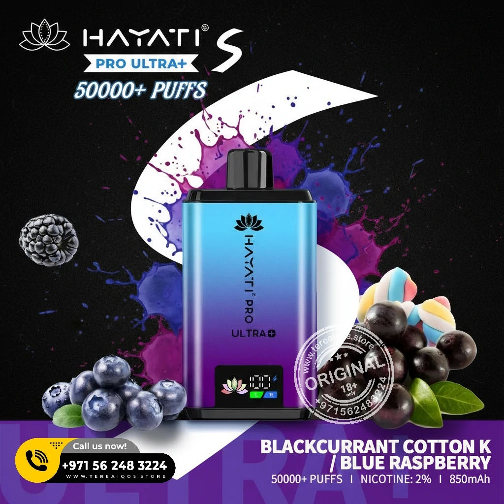 Hayati Pro Ultra+ vape device with blackcurrant and blue raspberry Flavor