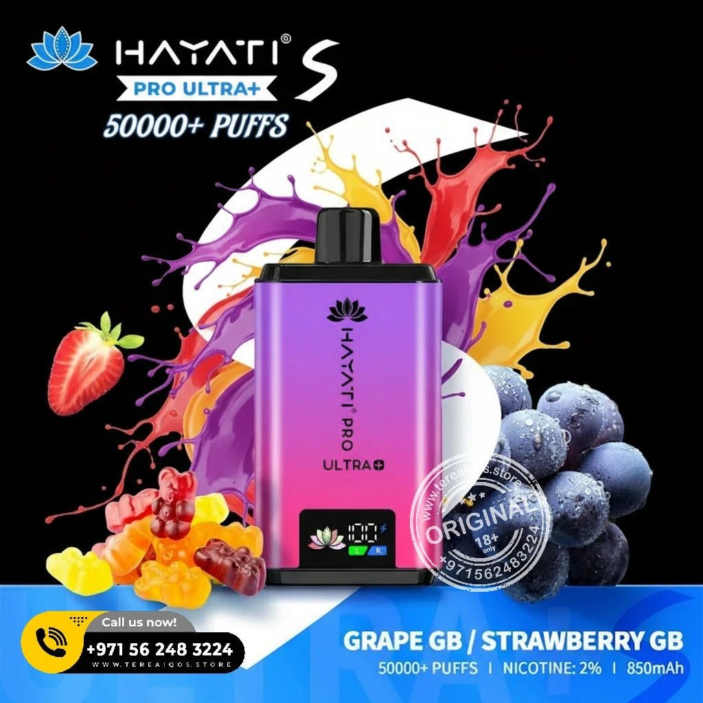 Hayati Pro Ultra+ S 50000 Puffs Disposable Vape Grape GB or Strawberry GB flavor
