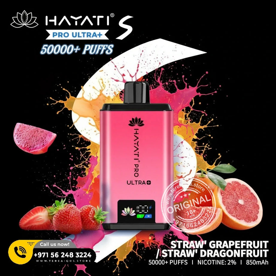Hayati Pro Ultra+ S 50000 Puffs Disposable Vape Straw Grapefruit or Straw Dragonfruit Flavor