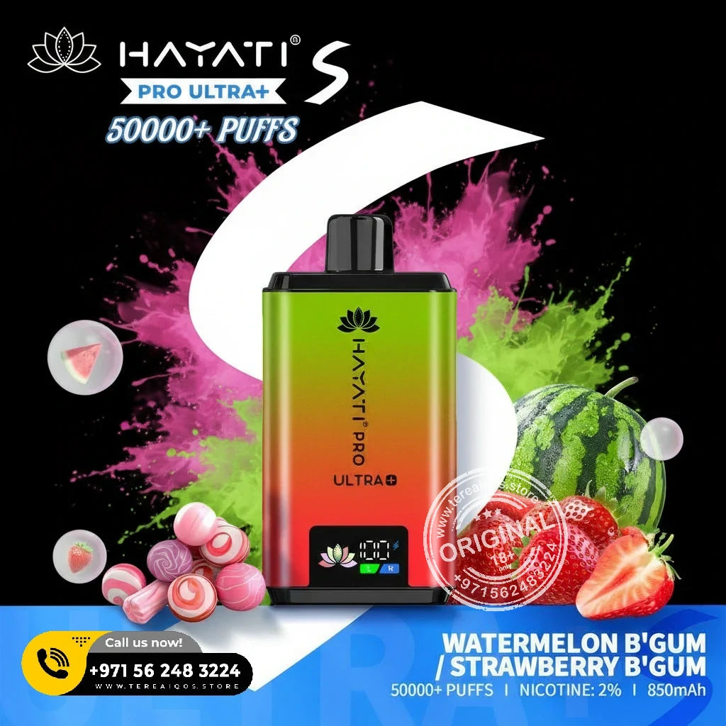 Hayati Pro Ultra+ S 50000 Puffs Disposable Vape Watermelon b Gum or Strawberry B Gum Flavor