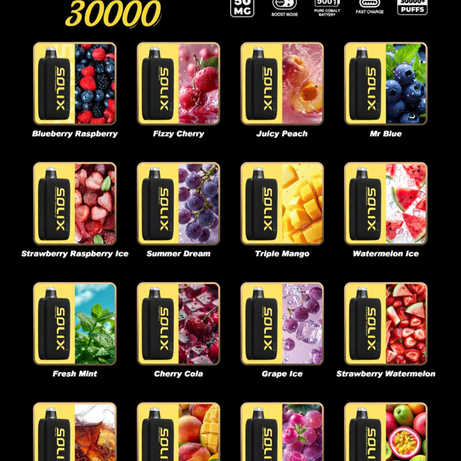 Hayati Solix 30000 Puffs Golden Edition Disposable Vape device with 16 different fruit-flavored.