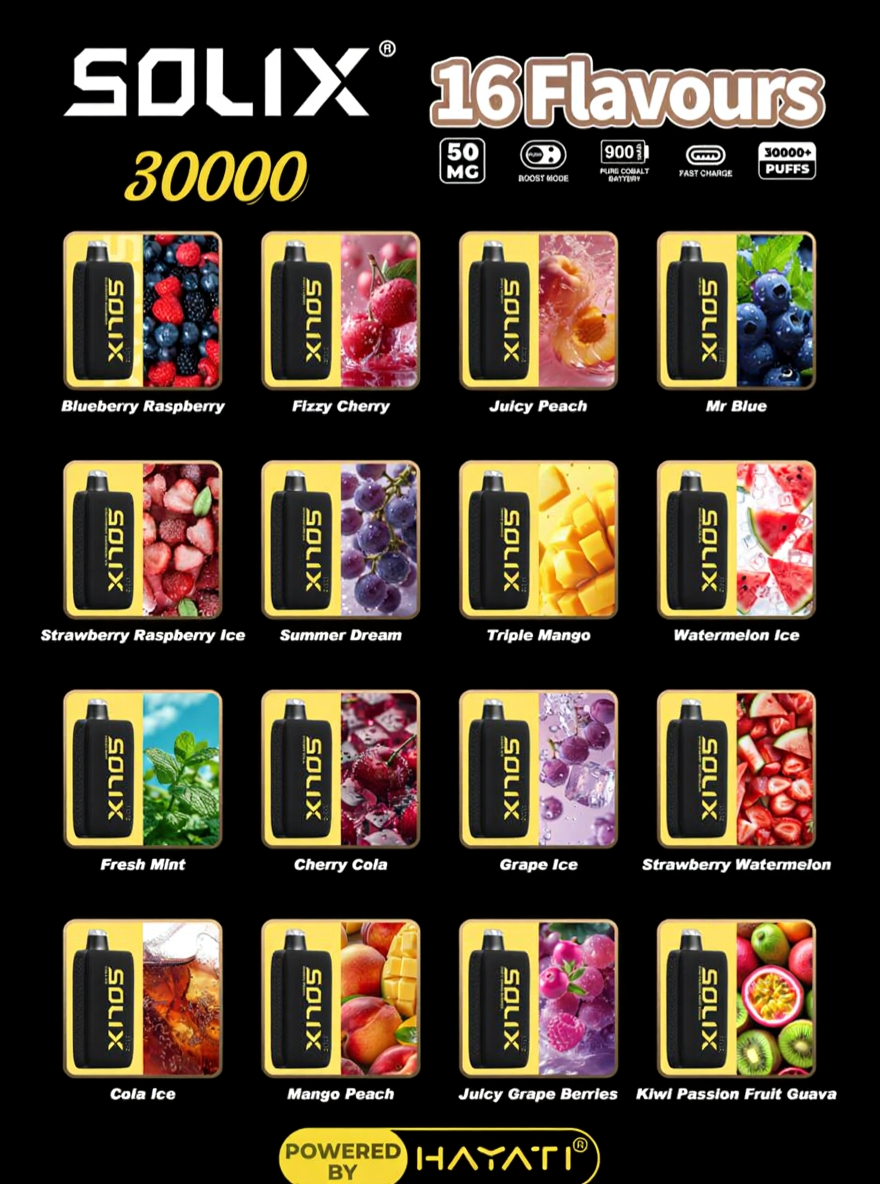 Hayati Solix 30000 Puffs Golden Edition Disposable Vape device with 16 different fruit-flavored.