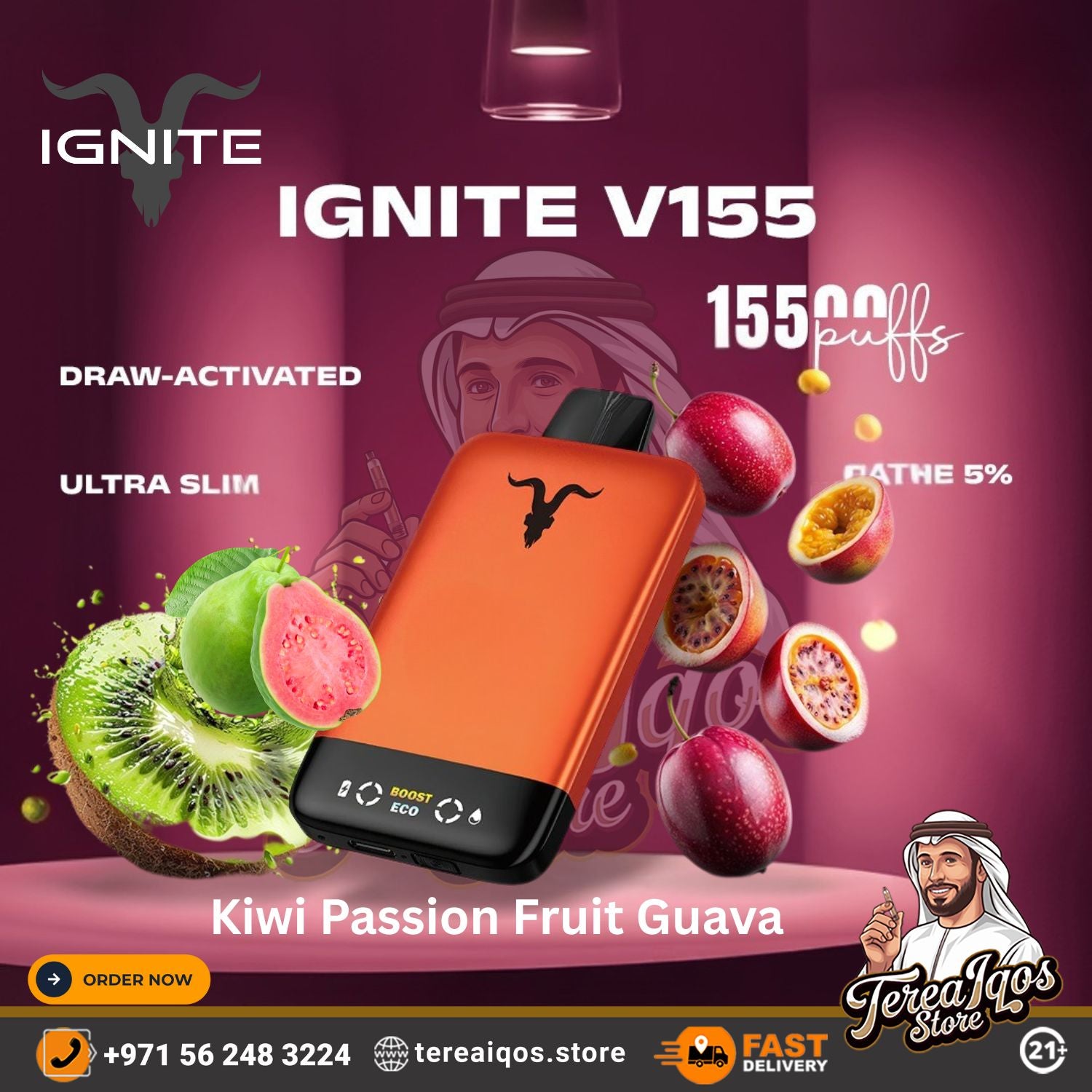 IGNITE V155 (15,500 Puffs) Disposable Vape Kiwi Passion Fruit Guava Flavor