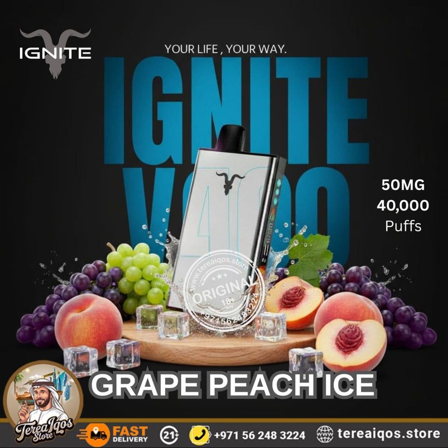 IGNITE V400 40,000 Puffs Ice Rechargeable Disposable Vape Grape Peach Ice flavor