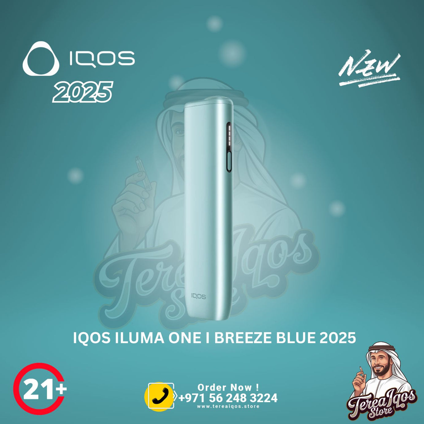 IQOS Iluma One Breeze Blue 2025 device with contact information.