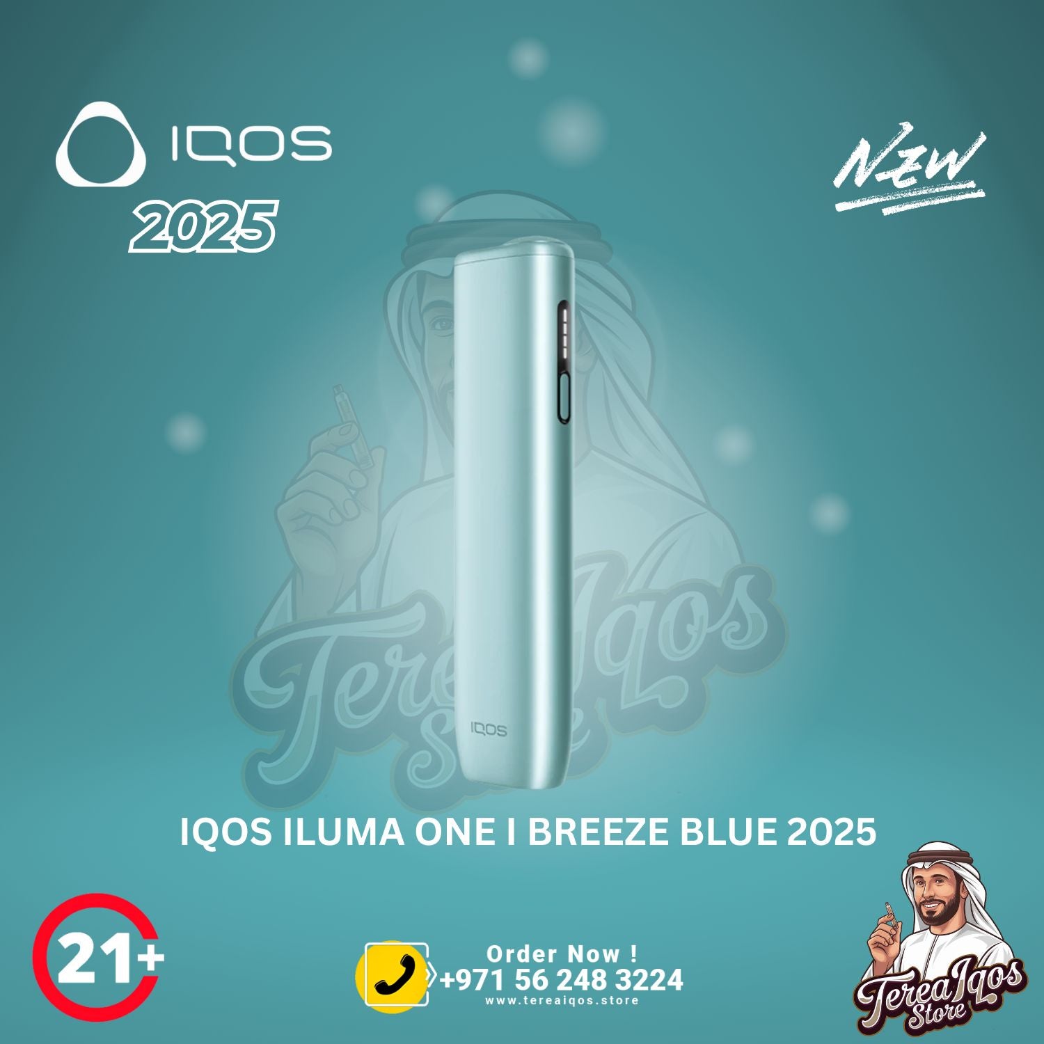 IQOS Iluma One Breeze Blue 2025 device with contact information.