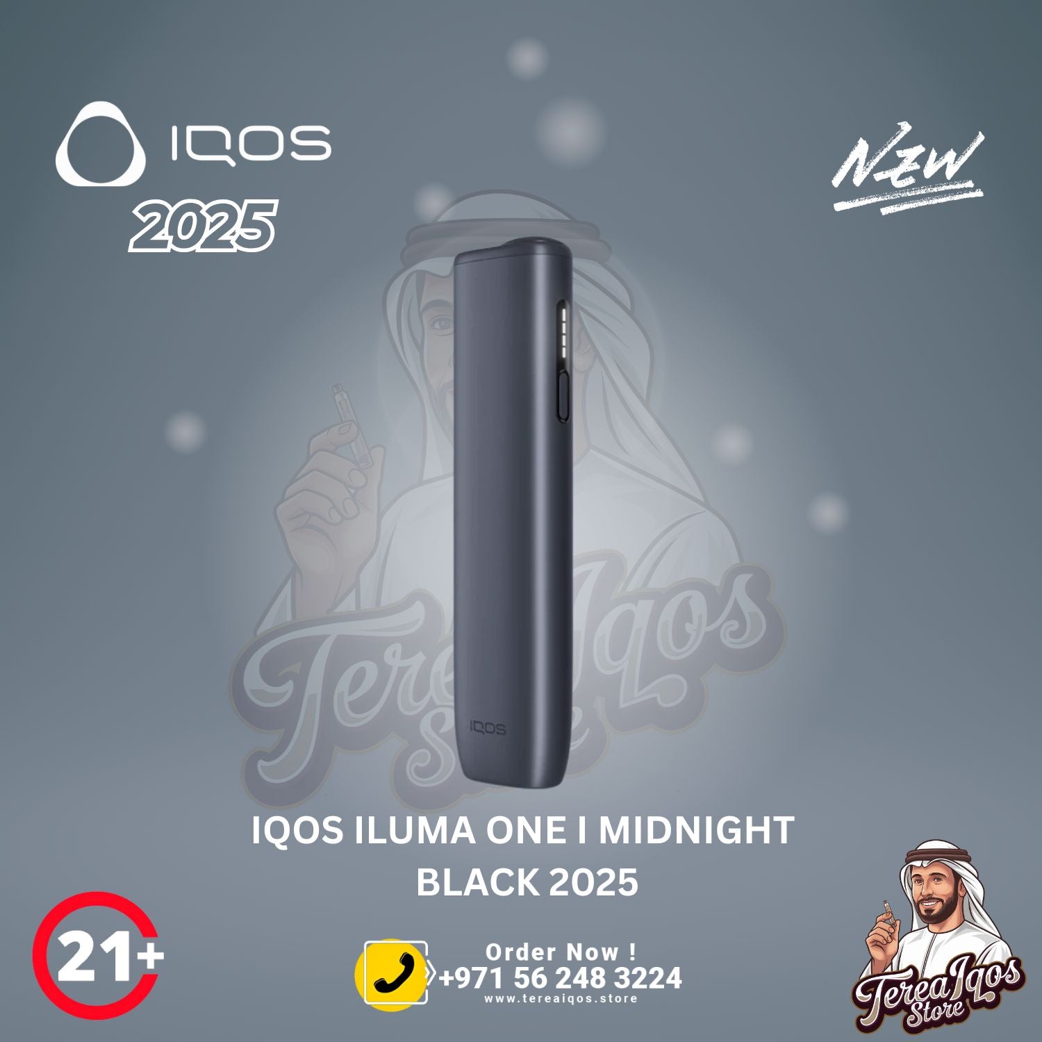 IQOS ILUMA ONE i Midnight Black 2025 device with contact information.