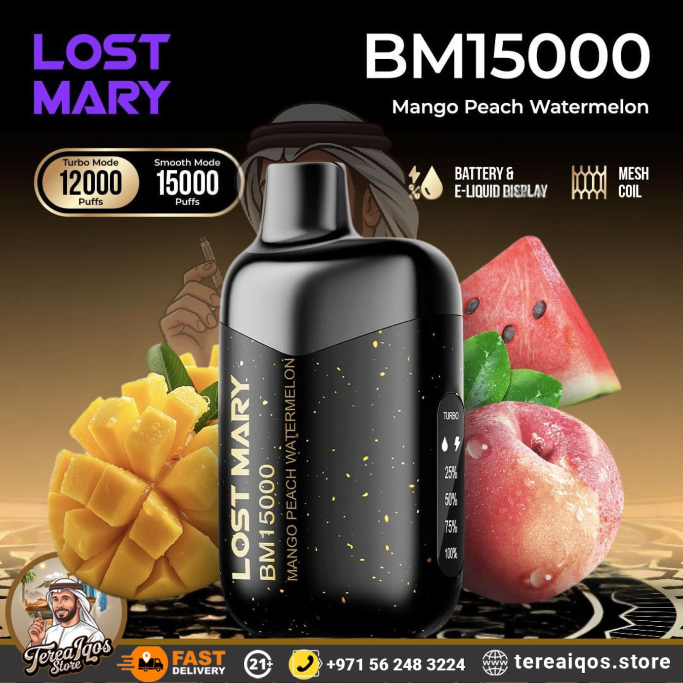 Lost Mary BM15000 vape device with mango Peach watermelon flavor
