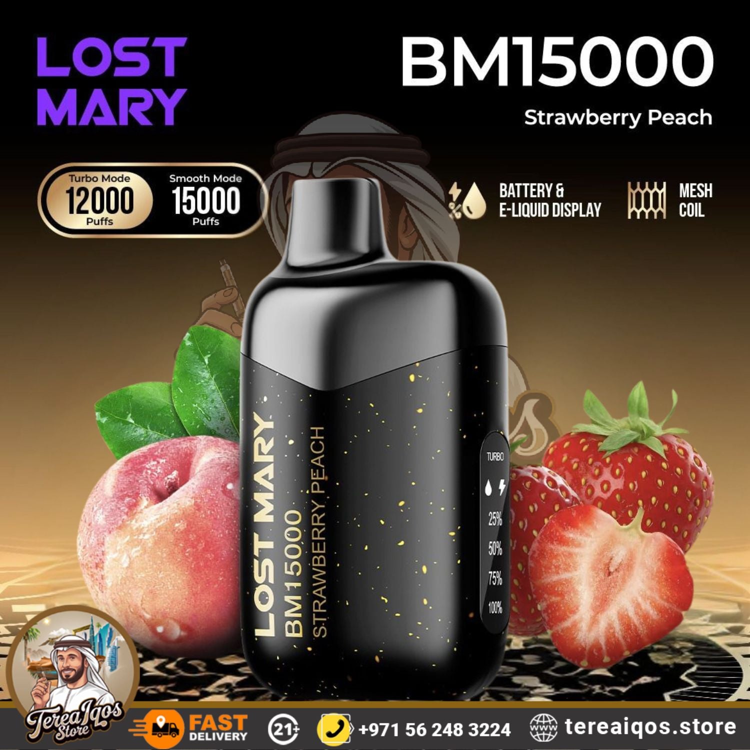 Lost Mary BM15000 vape device with strawberry peach flavor