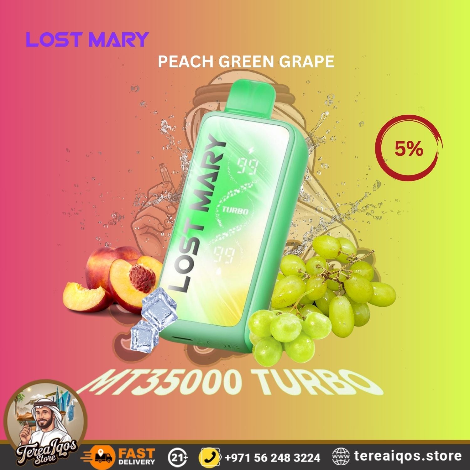 Lost Mary MT35000 Turbo vape device with peach green grape flavor on a colorful background.