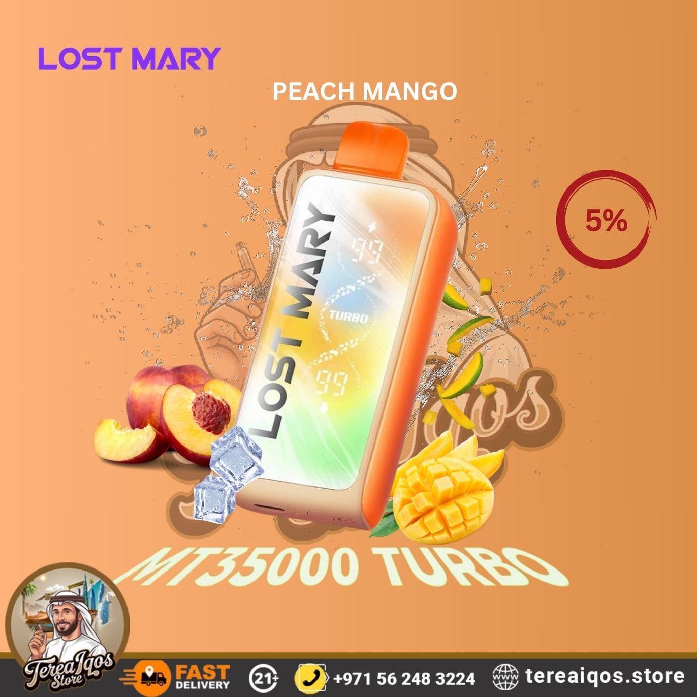 Lost Mary peach mango vape with fruits on an orange background