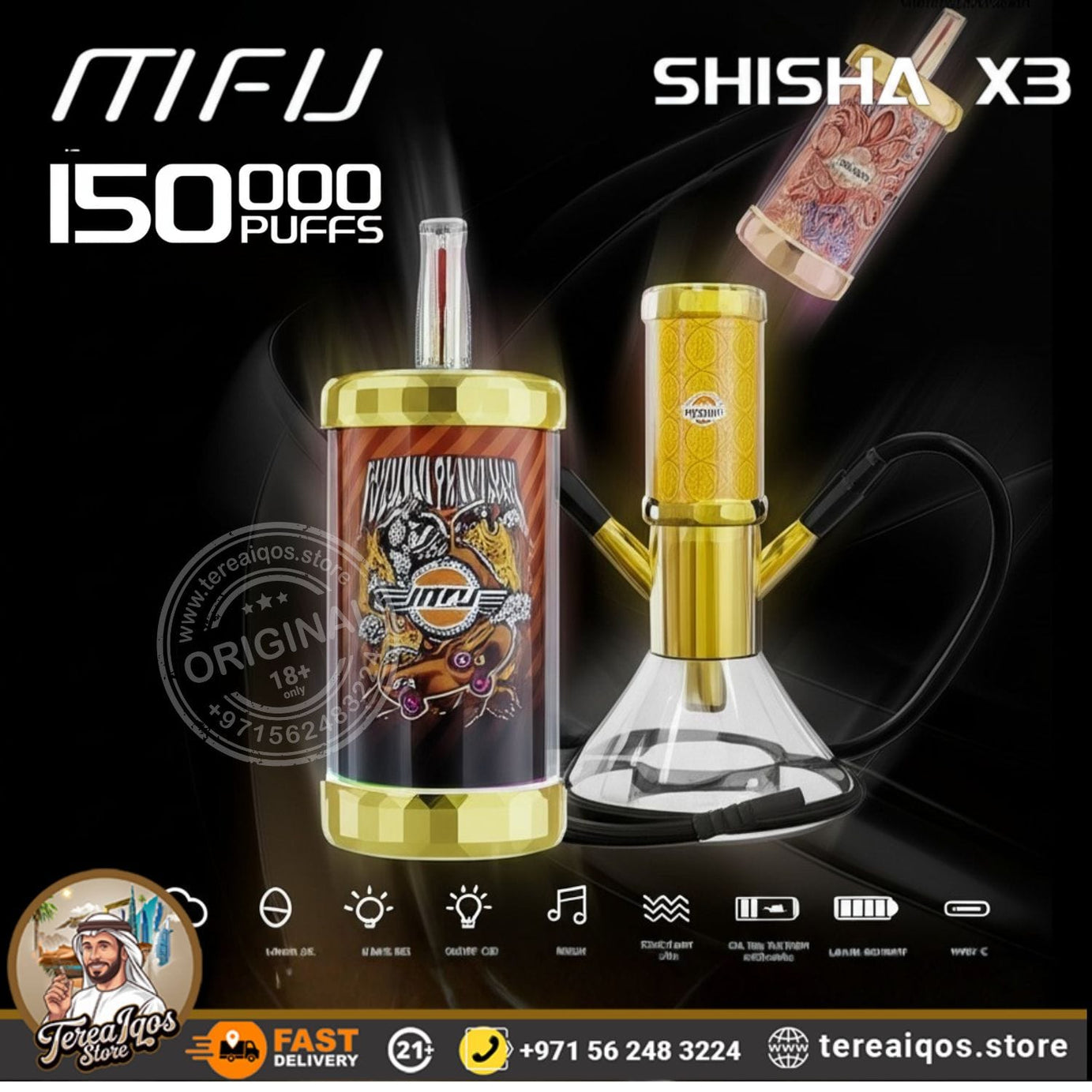 Shisha X3 vape device with gold accents and branding on a dark background