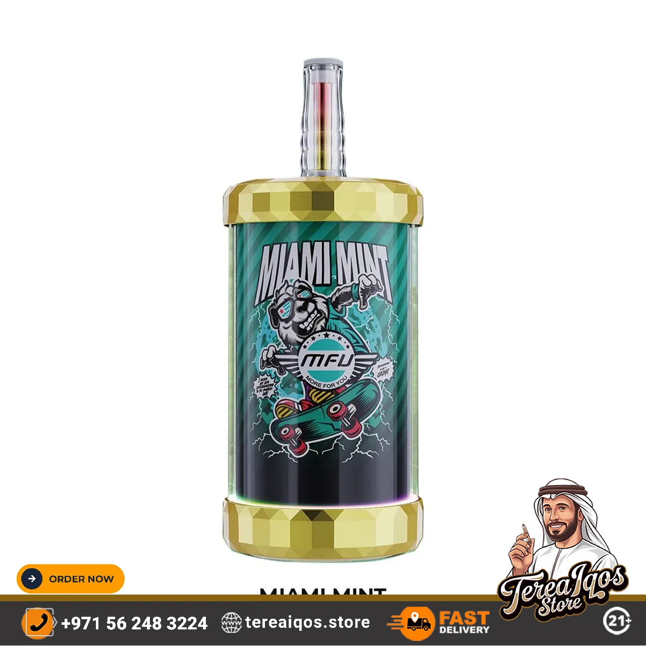 Vape device with gold top and colorful label on a white background, featuring branding and contact information.