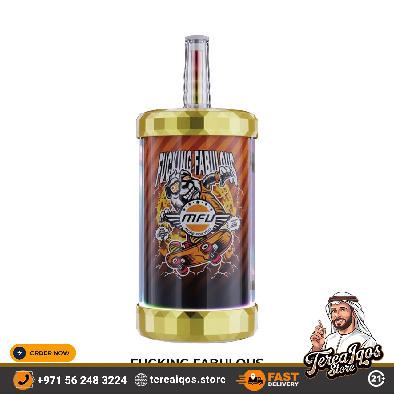 Vape device with gold accents and colorful design on a white background, featuring branding and contact information.