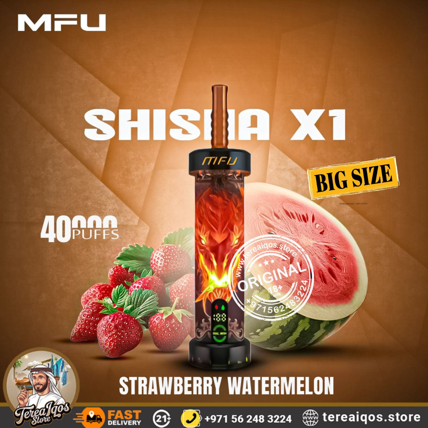 Shisha X1 vape device with strawberry watermelon flavor on a brown background