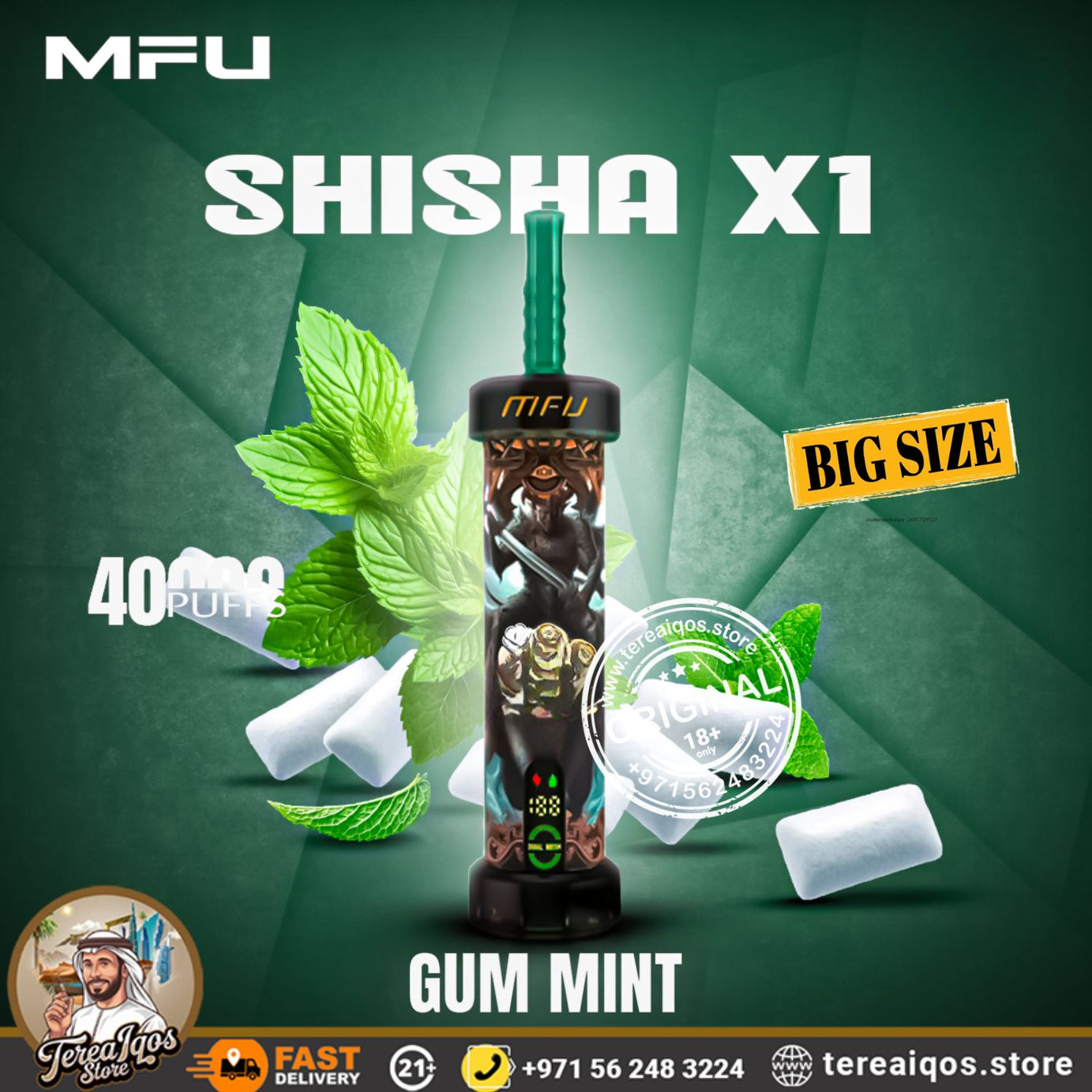 MFU Shisha X1 (40,000 Puffs) Disposable Vape Gum Mint Flavor
