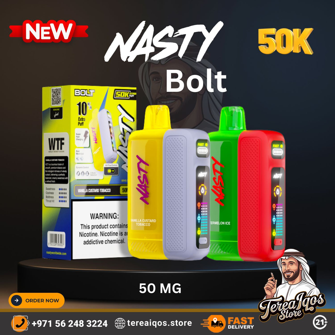 Nasty Bolt Hyperbeast 50000 Puffs Disposable Vape devices with packaging and branding.