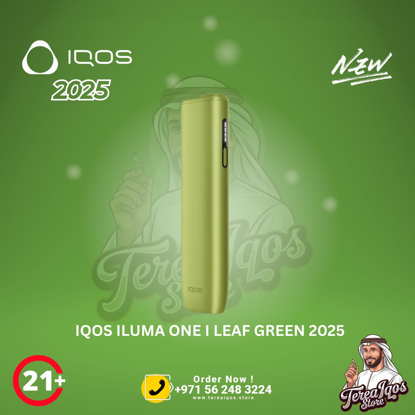 IQOS ILUMA ONE I LEAF GREEN 2025 device on a green background with contact information.