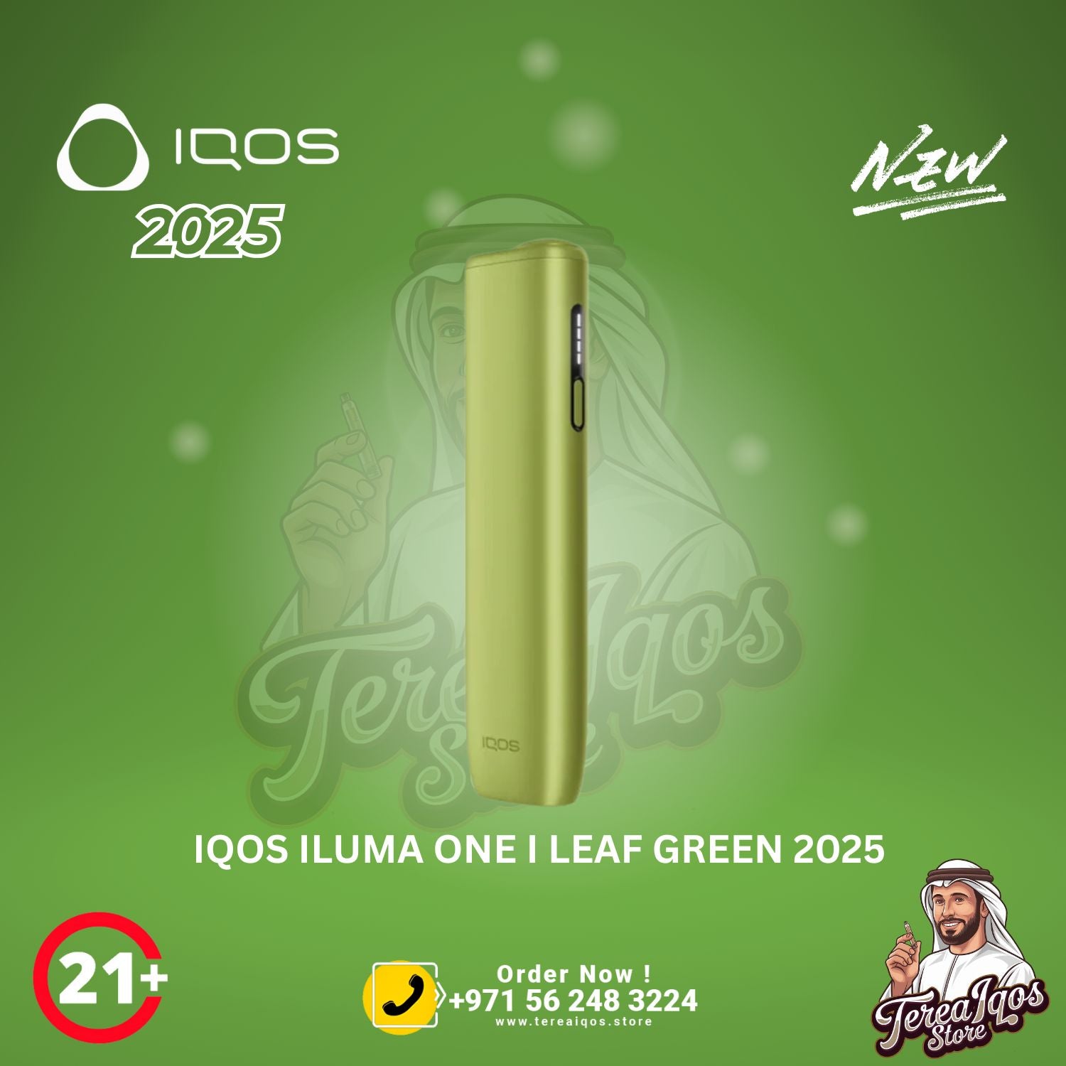 IQOS ILUMA ONE I LEAF GREEN 2025 device on a green background with contact information.