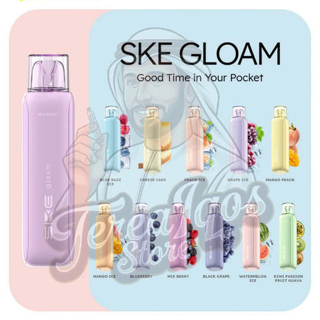 SKE Gloam vape device packaging with various flavors on a white background