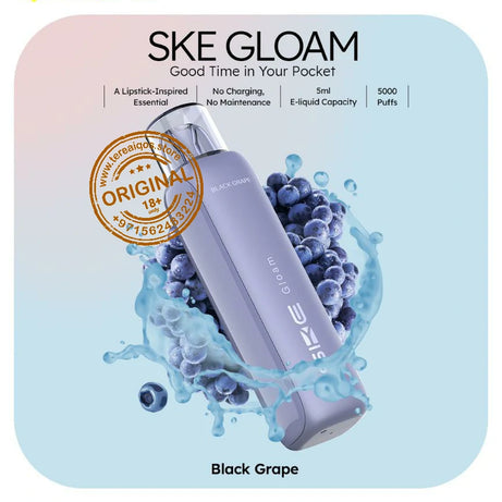 SKE Gloam vape device packaging with black grape flavor on a light blue background