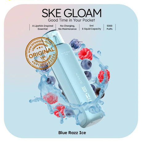 SKE Gloam vape device packaging with blue and pink gradient, fruit graphics, and SKE branding.
