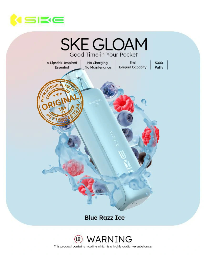 SKE Gloam vape device packaging with blue and pink gradient, fruit graphics, and SKE branding.