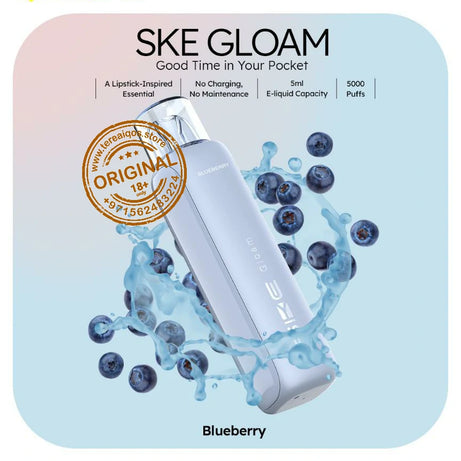 SKE Gloam vape device with blueberries on a light blue background