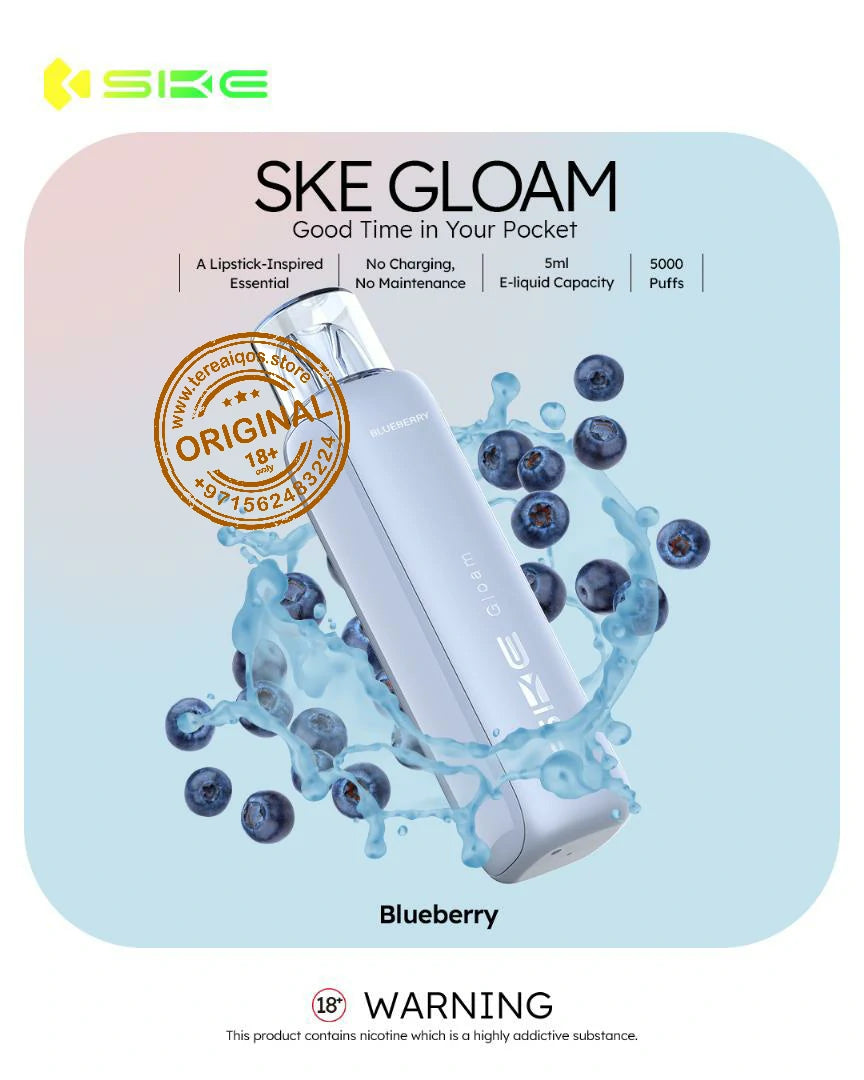 SKE Gloam vape device with blueberries on a light blue background