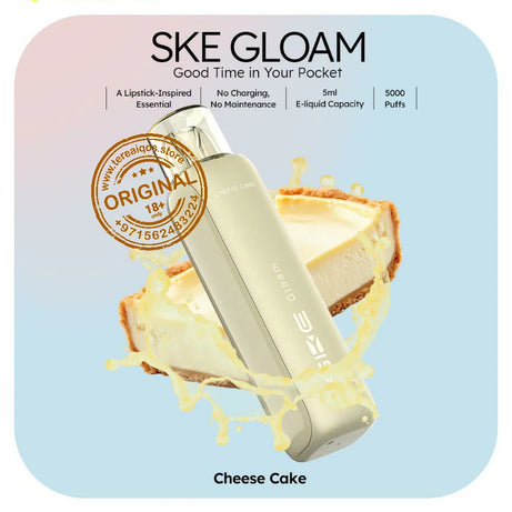 SKE Gloam vape device with cheese cake flavor on a light blue background