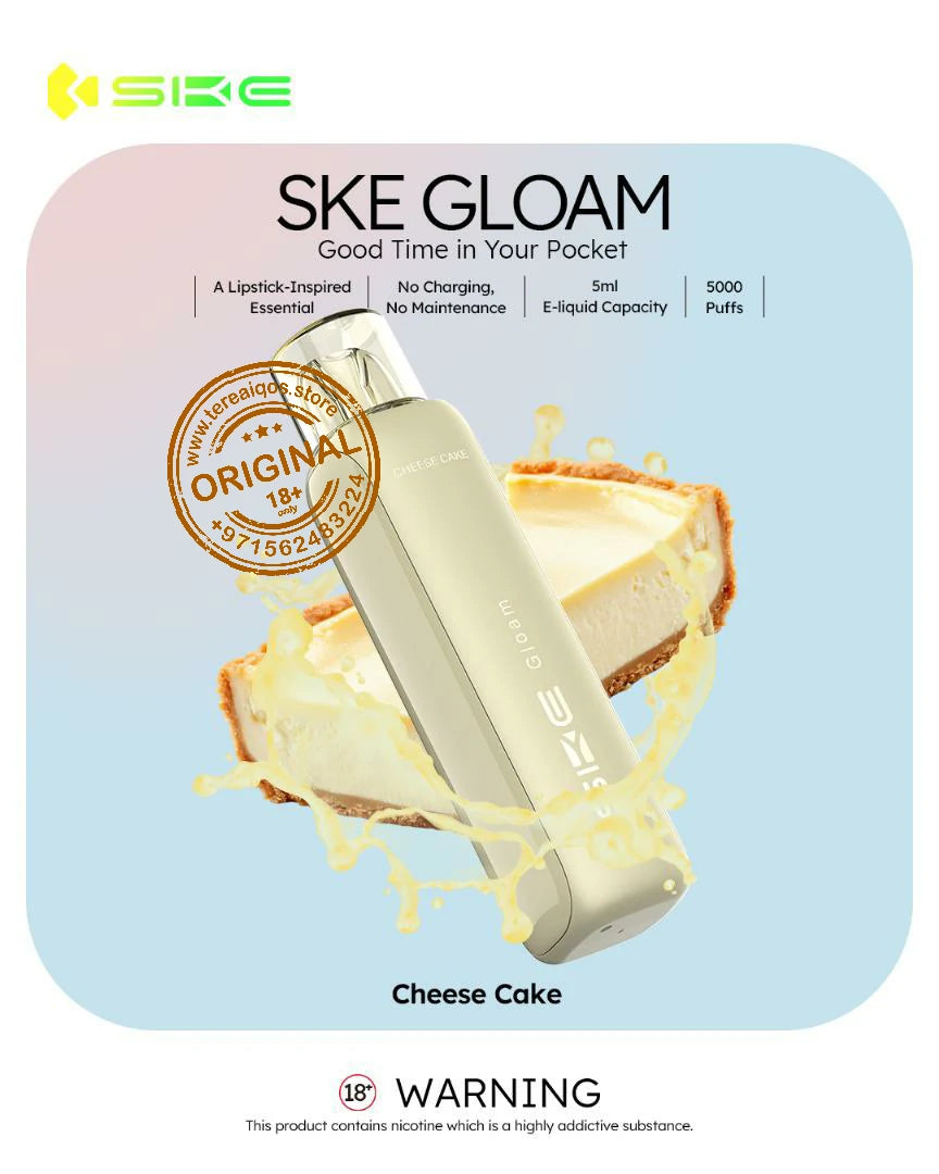 SKE Gloam vape device with cheese cake flavor on a light blue background
