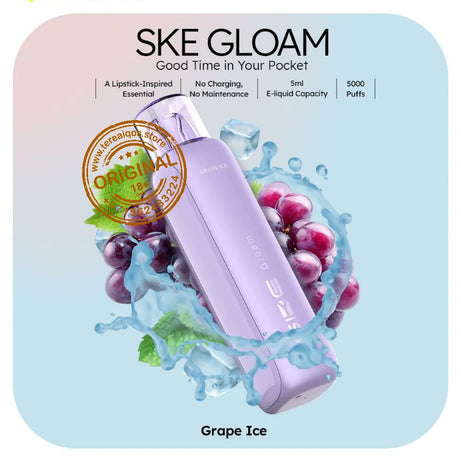 SKE Gloam vape device with grape ice flavor on a light blue background