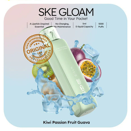 SKE Gloam vape device packaging with kiwi, passion fruit, and guava graphics on a light blue background.