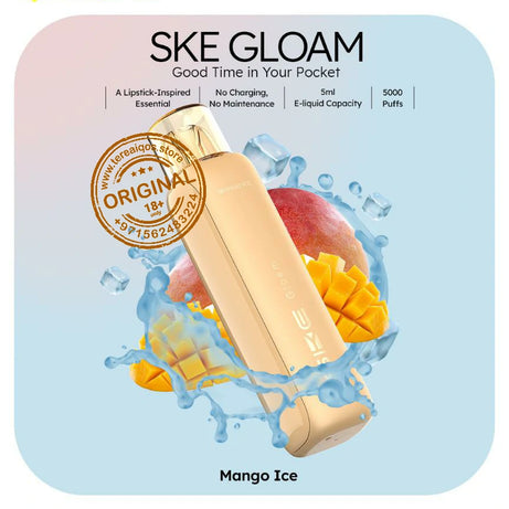 SKE Gloam vape device packaging with mango ice flavor on a light blue background