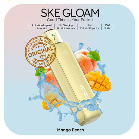 SKE Gloam vape device packaging with mango peach flavor on a light blue background