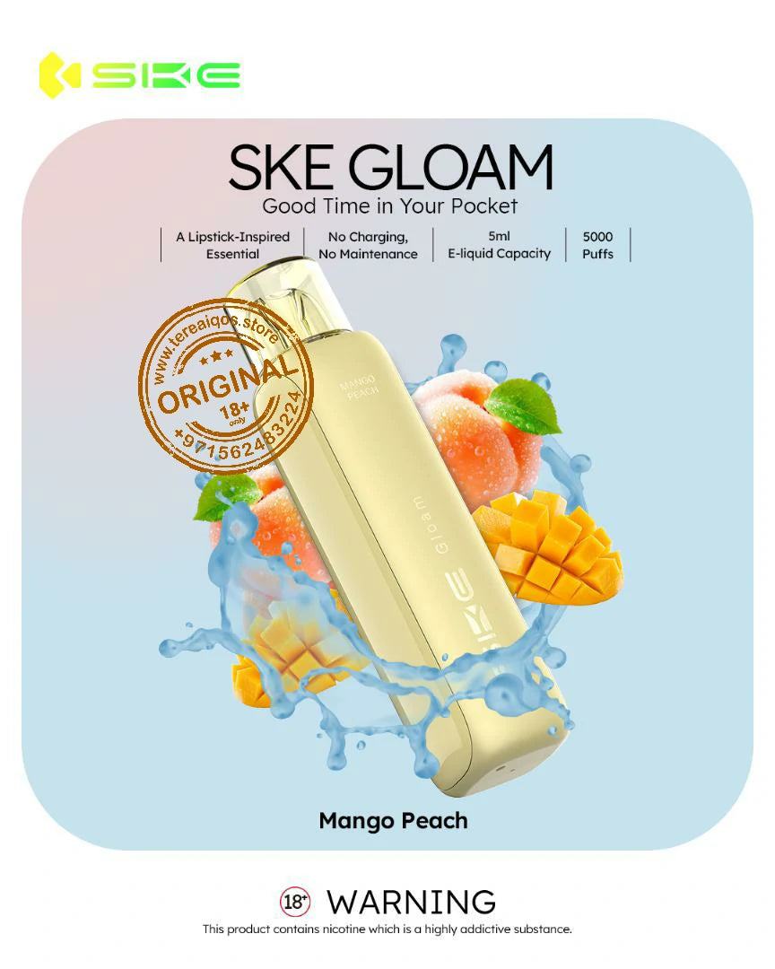 SKE Gloam vape device packaging with mango peach flavor on a light blue background
