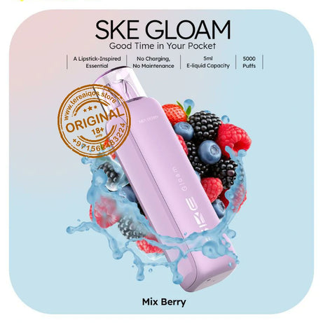 SKE Gloam vape device with berries and water splash on a light blue background